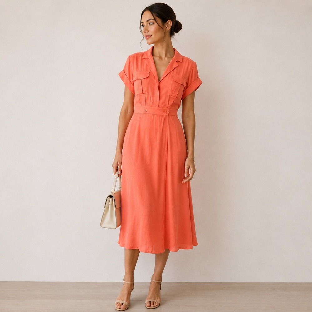 Equipment Orlenna Midi Dress 6 Coral Silk Blend Pocket Preppy Professional Work